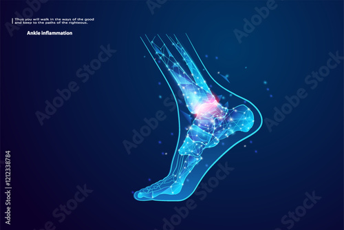 A human ankle highlighting pain points with glowing lines, showcasing athletic footwear and dynamic movement.