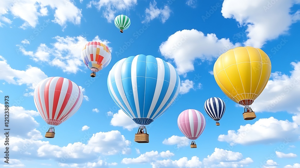 Obraz premium Colorful Hot Air Balloons Soaring in a Blue Sky with Fluffy Clouds