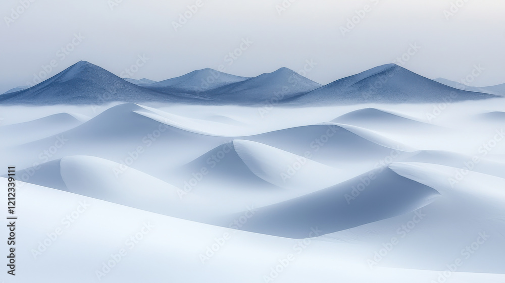 Fototapeta premium Fog in Nature Themed, Soft, rolling hills of white sand create serene, misty landscape
