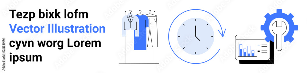 Clothing rack with garments, clock symbolizing time management, and a tablet with graph icon overlaid with gear representing data analysis and productivity. Ideal for business efficiency, retail Clothing rack with garments, clock symbolizing time management, and a tablet with graph icon overlaid with gear representing data analysis and productivity. Ideal for business efficiency, retail