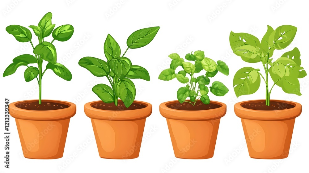 Fototapeta premium Illustrated Clay Pots with Lush Green Plants for Home Decor