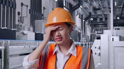 Wallpaper Mural Close Up Of Asian Female Engineer With Safety Helmet Having A Headache While Working With Water Production in Bottling Factory Torontodigital.ca