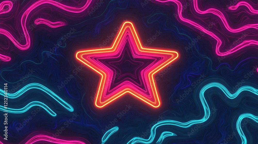 A vibrant neon star surrounded by colorful swirling lines on a dark background. A vibrant neon star surrounded by colorful swirling lines on a dark background.