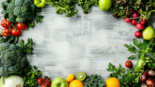 Organic farm products border on wooden surface image copy space, ai generated. Decorative frame with fruits banner background blurred. Dieting and nutrition concept photography copyspace