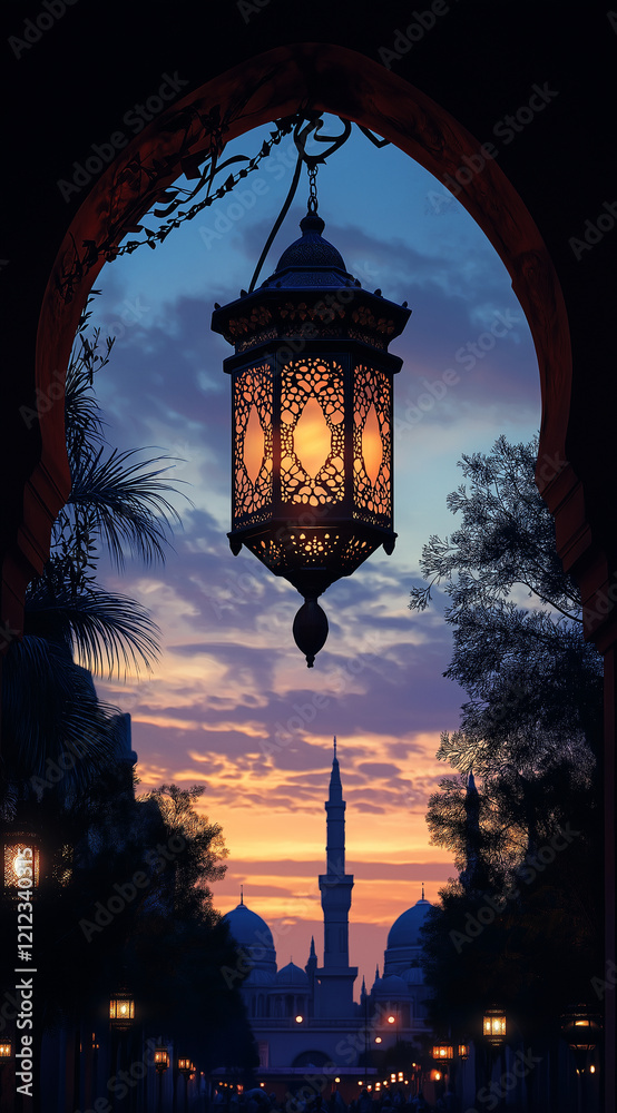 A lantern hanging from an archway, illuminated by the soft glow of twilight, casting long shadows on its intricate patterns against a backdrop of distant silhouettes of buildings .Ramadan concept A lantern hanging from an archway, illuminated by the soft glow of twilight, casting long shadows on its intricate patterns against a backdrop of distant silhouettes of buildings .Ramadan concept