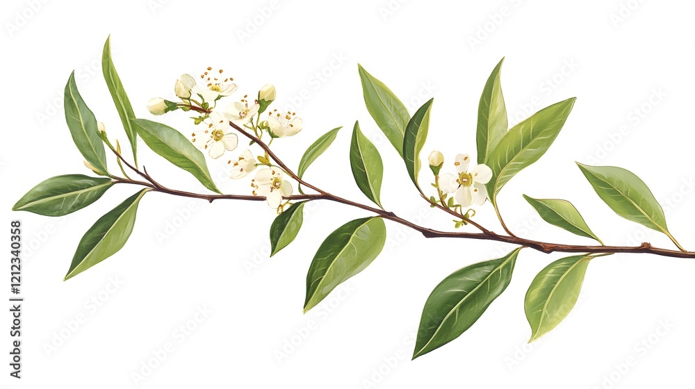 Obraz premium Lush Green Botanical Branch with White Blooming Flowers on White Background