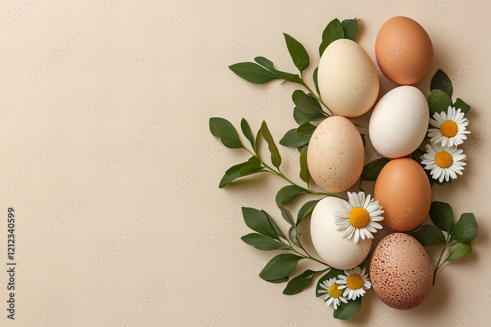 Pastel easter eggs and white daisies arranged on a textured blue surface, ideal for seasonal designs, holiday invitations, spring decorations, and festive greeting cards Pastel easter eggs and white daisies arranged on a textured blue surface, ideal for seasonal designs, holiday invitations, spring decorations, and festive greeting cards