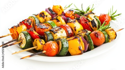 A plate of grilled vegetable skewers with bell peppers, zucchini, and cherry tomatoes