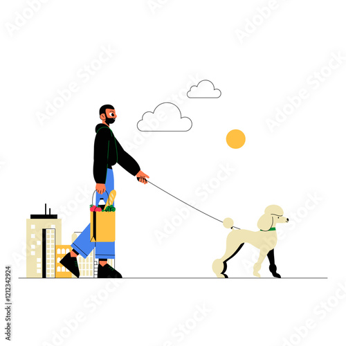 Male Character Walking Dog In Urban Setting In Flat Vector Illustration Symbolizing Leisure, Pets, And Outdoor Activities, Isolated On White Background