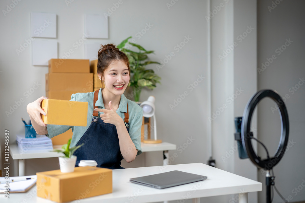 A woman is sitting at a desk with a laptop and a box in front of her A woman is sitting at a desk with a laptop and a box in front of her