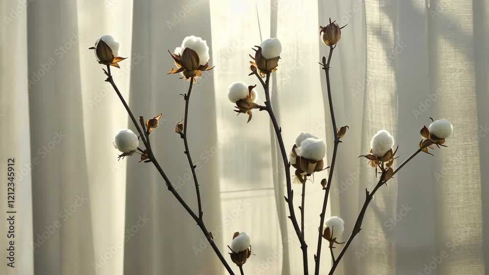Cotton plants with soft bolls illuminated by natural light in a cozy interior setting