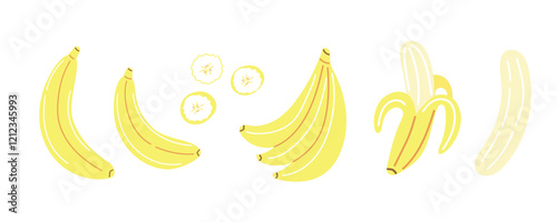 Banana fruits set isolated on a white background. Vector illustration of yellow banana in hand drawn style, flat vector.