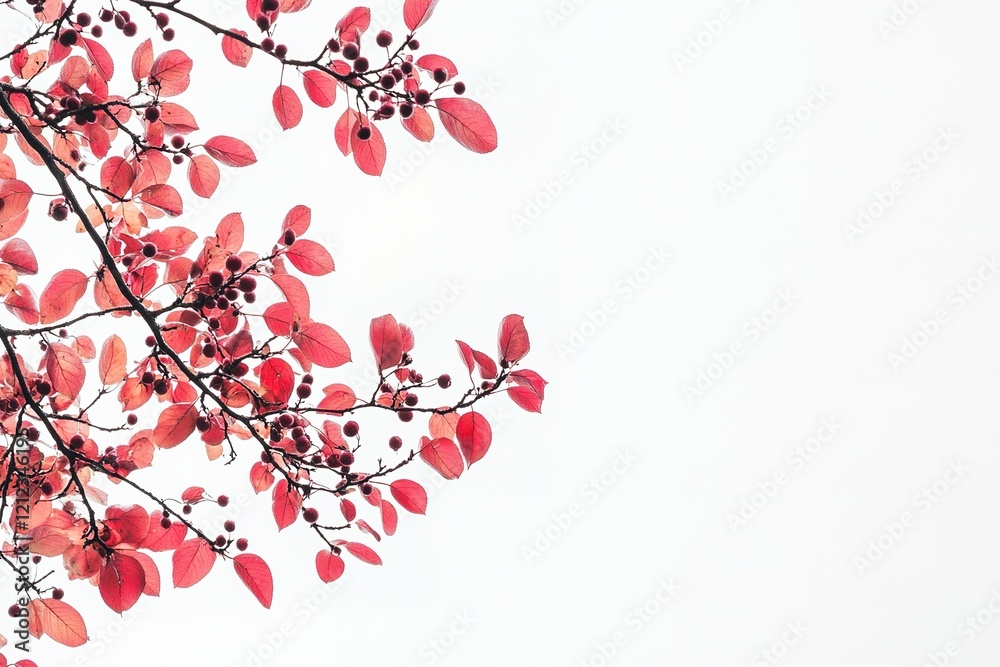 Naklejka premium Vibrant Red Autumn Leaves on Branch, Nature Photography, Close-Up Shot of Fall Foliage, Crisp