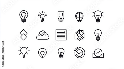 Vector set of creativity line icons. Contains icons idea, brainstorm, thought, quick tips, inspiration, teamwork and more. Pixel perfect. photo