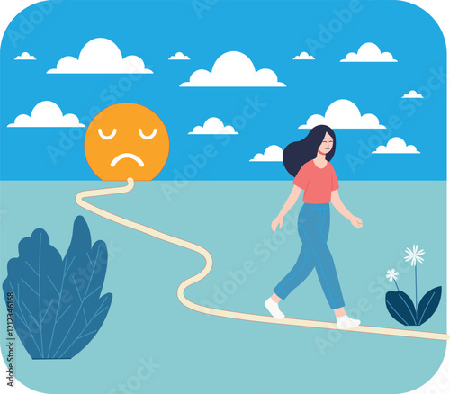 Woman walking a path towards happiness, leaving sadness behind.  Mental health, anxiety, depression, and stress management concept. photo