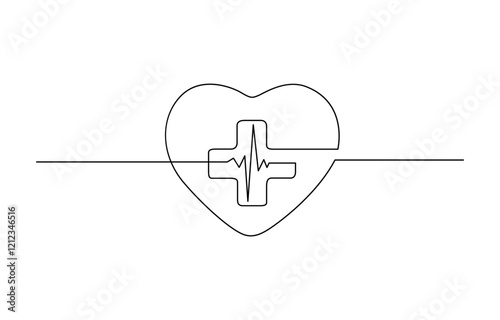 Heart with Heartbeat Sign and with Cross continuous one line drawing, Continuous line drawing of medical cross and heart love with heartbeat, Vector illustration.