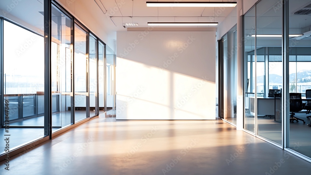 Blank white wall in concrete office with large windows Mockup 3D rendering Blank white wall in concrete office with large windows Mockup 3D rendering