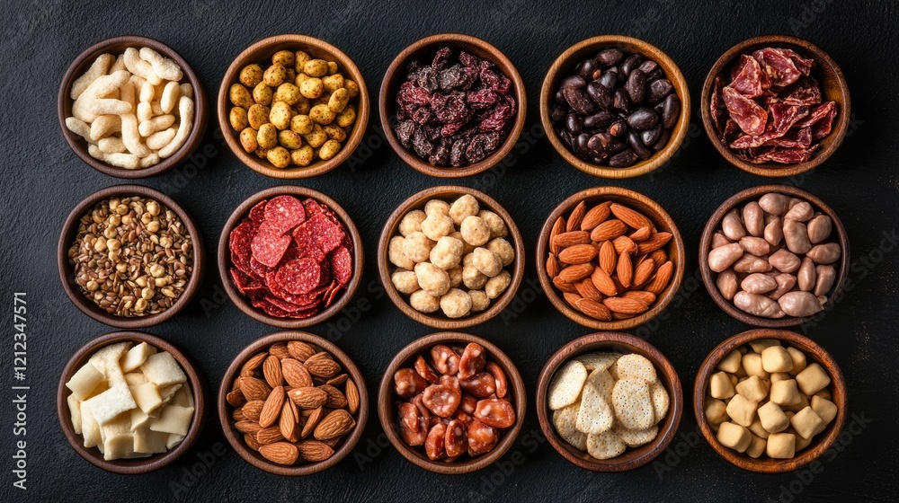A top view of assorted snack packs, like trail mix and jerky, displayed on a modern slate surface. A top view of assorted snack packs, like trail mix and jerky, displayed on a modern slate surface.