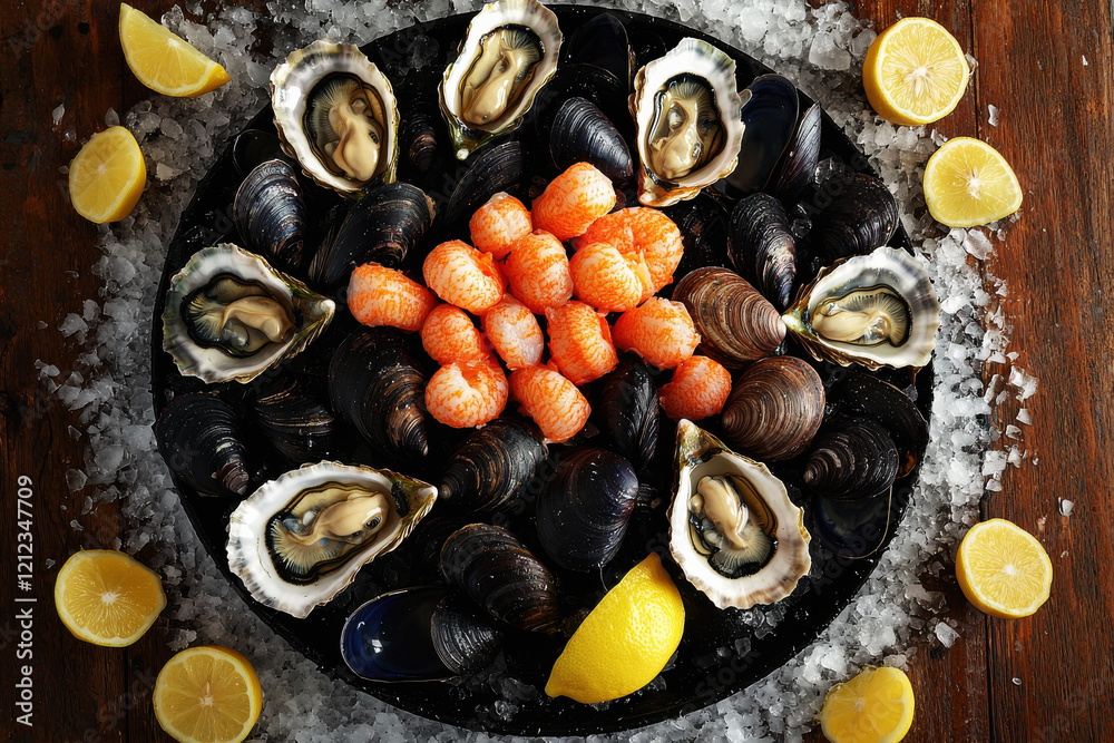 Fresh shellfish display with oysters, clams, and mussels on ice surrounded by lemon wedges Fresh shellfish display with oysters, clams, and mussels on ice surrounded by lemon wedges