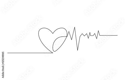 Continuous one line heart pulse symbol drawing. Healthy medicine icon, Continuous Line Drawing of Doodle Heart with Pulse. Hand Drawn Symbol Vector.