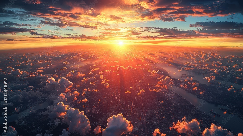Breathtaking Aerial View of Sunset Over City with Clouds and Horizon Breathtaking Aerial View of Sunset Over City with Clouds and Horizon