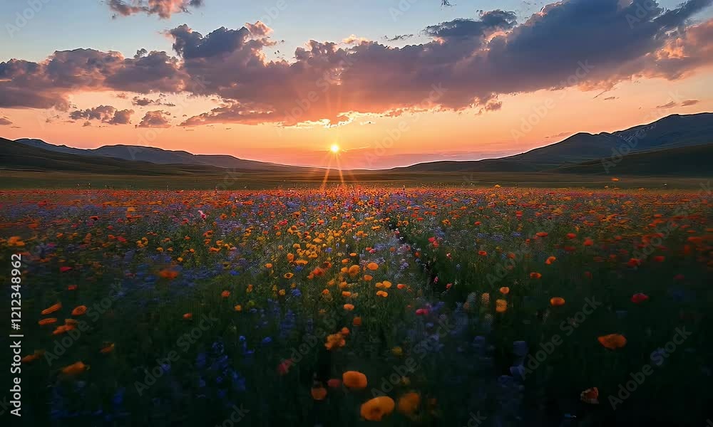 Vibrant wildflower field at sunset with colorful blooms under a dramatic sky, creating a serene atmosphere perfect for nature-themed projects