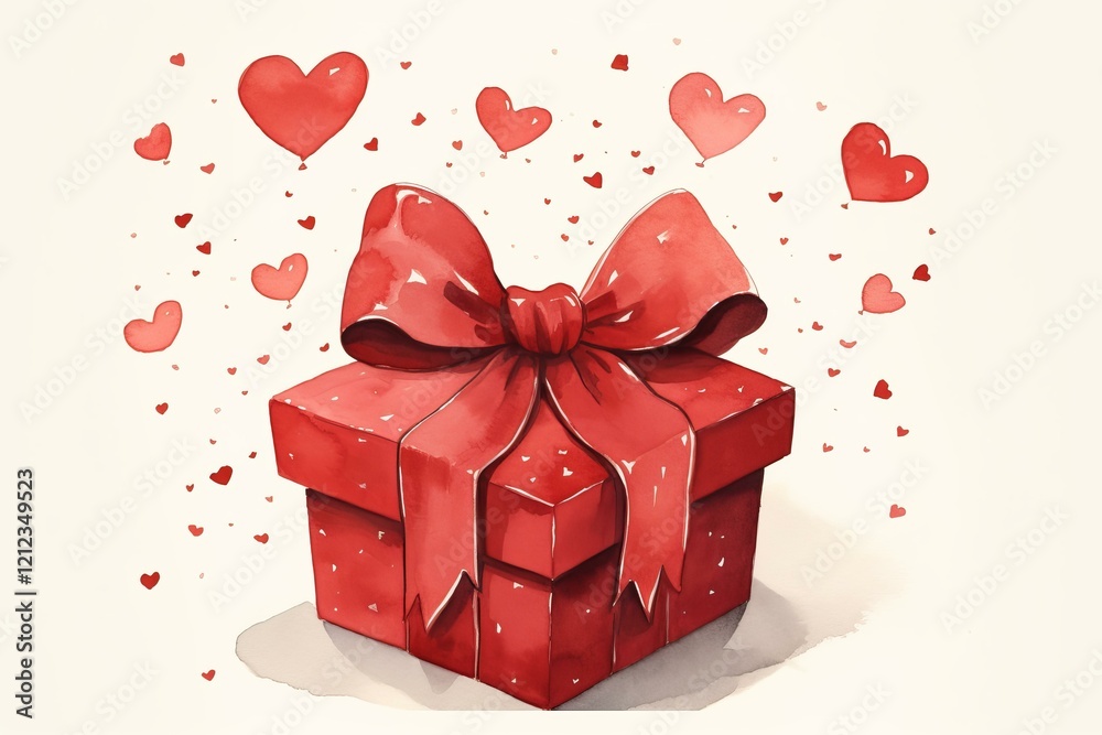 Φωτογραφία Watercolor painting of a red gift box with a ribbon and floating hearts, symboli