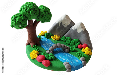 Vibrant Clay Miniature Landscape with Tree, Mountain, and River on White Background photo