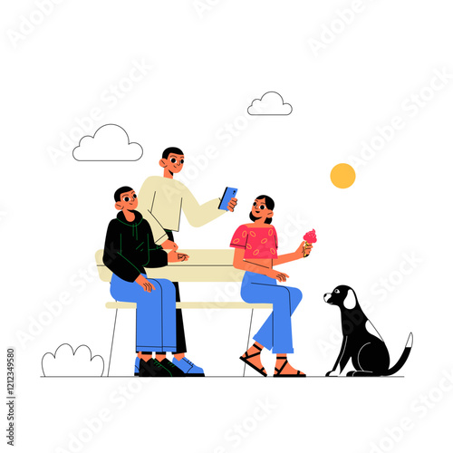 Three Friends Sitting On A Park Bench With A Dog In Flat Vector Illustration Symbolizing Friendship, Leisure, And Outdoor Relaxation, Isolated On White Background