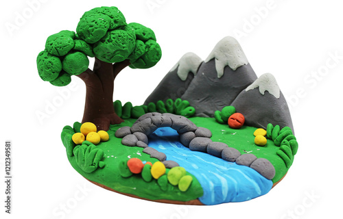 Vibrant Clay Miniature Landscape with Tree, Mountain, and River on White Background photo