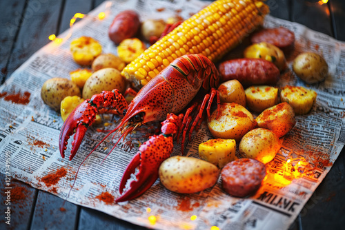 Celebrating a traditional Cajun crayfish boil with corn, potatoes, sausage, and festive ambiance