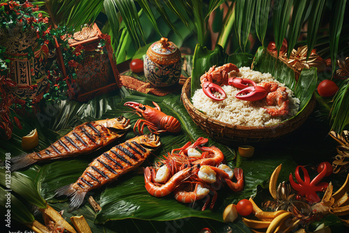 Traditional Filipino boodle fight setup with grilled seafood and rice on banana leaves under natural lighting photo