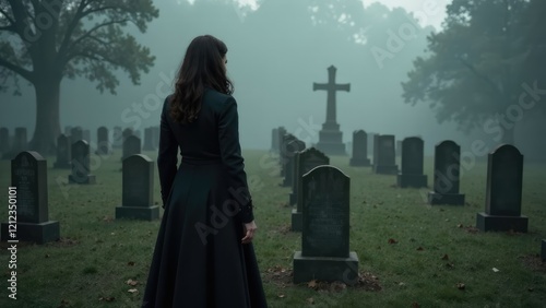 A person in black stands in a foggy cemetery looking towards a cross. Concept of a solemn place of rest.