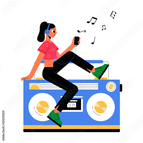 Woman Listening To Music On Headphones With A Boombox In Flat Vector Illustration Symbolizing Relaxation, Leisure, And Music Enjoyment, Isolated On White Background