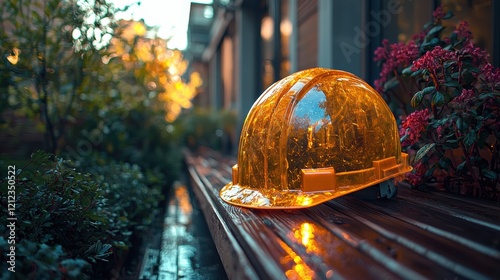 Bright Orange Hard Hat on Wooden Surface Surrounded by Nature photo