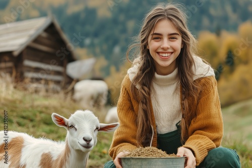Female farmer feeding goat with combined feed near rustic wooden barn, autumn mountain scenery surrounding pastoral farm setting