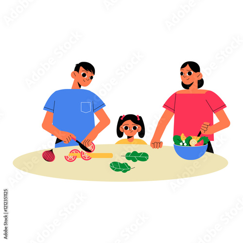 Family Cooking Together With Vegetables And Cutting Board In Flat Vector Illustration Symbolizing Healthy Eating, Bonding, And Teamwork, Isolated On White Background