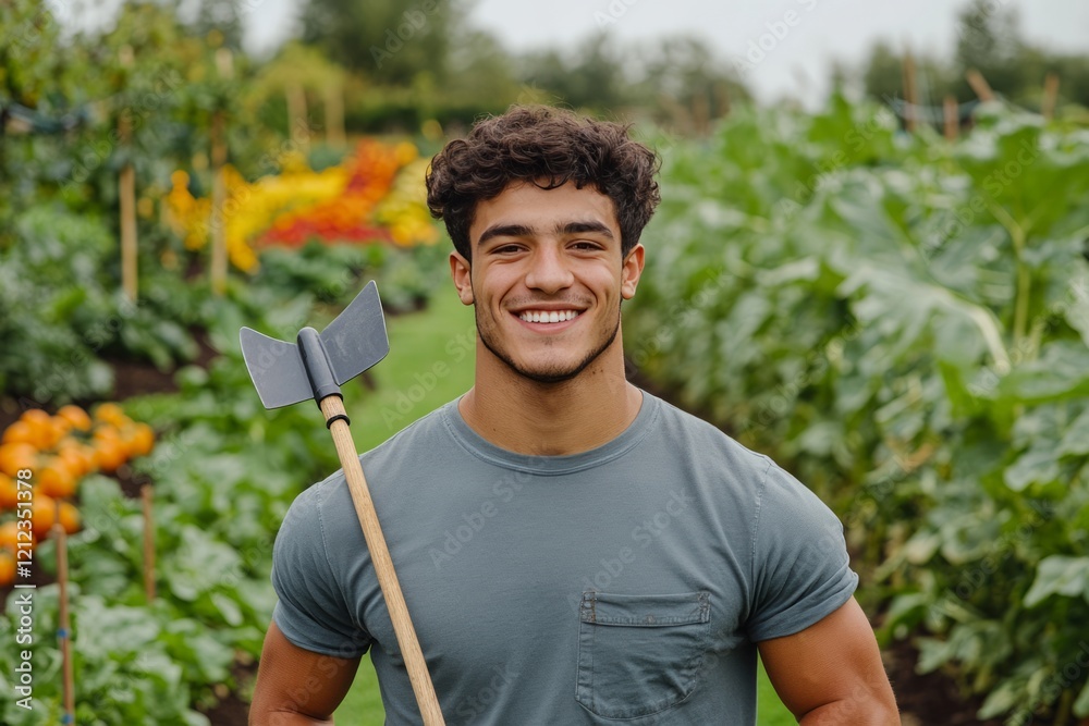 Cheerful young farmer holding hoe on shoulder, standing amid cultivated crops, embodying agricultural passion and rural work satisfaction