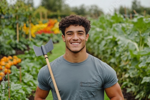 Obraz na płótnie Cheerful young farmer holding hoe on shoulder, standing amid cultivated crops, embodying agricultural passion and rural work satisfaction w salonie