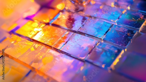 Colorful  translucent acrylic blocks arranged in grid pattern  illuminated with vibrant lighting.