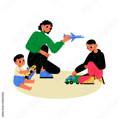 Family Playing With Toys Including Airplane And Car In Flat Vector Illustration Symbolizing Parenthood, Childhood, And Bonding, Isolated On White Background