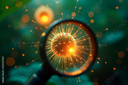 Magnifying glass revealing plant cells producing energy sparks highlighting microscopic natural power