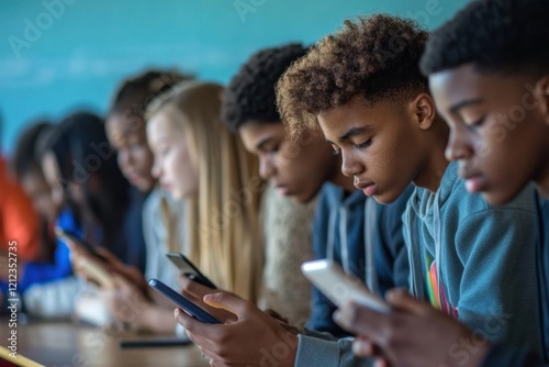 A group of teenagers in a classroom looking at a presentation about the effects of cyberbullying on social media photo