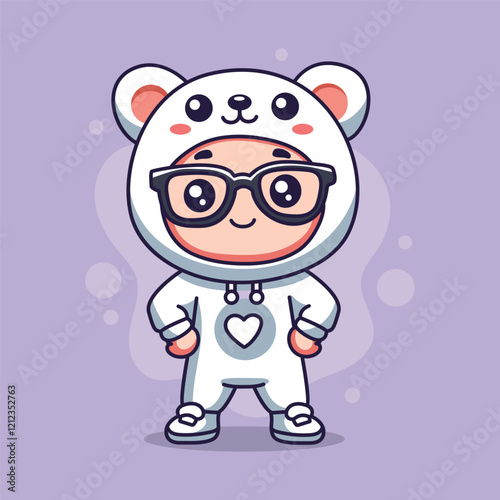 Cute cartoon child  in  polar bear costume with glasses. Vector illustration.