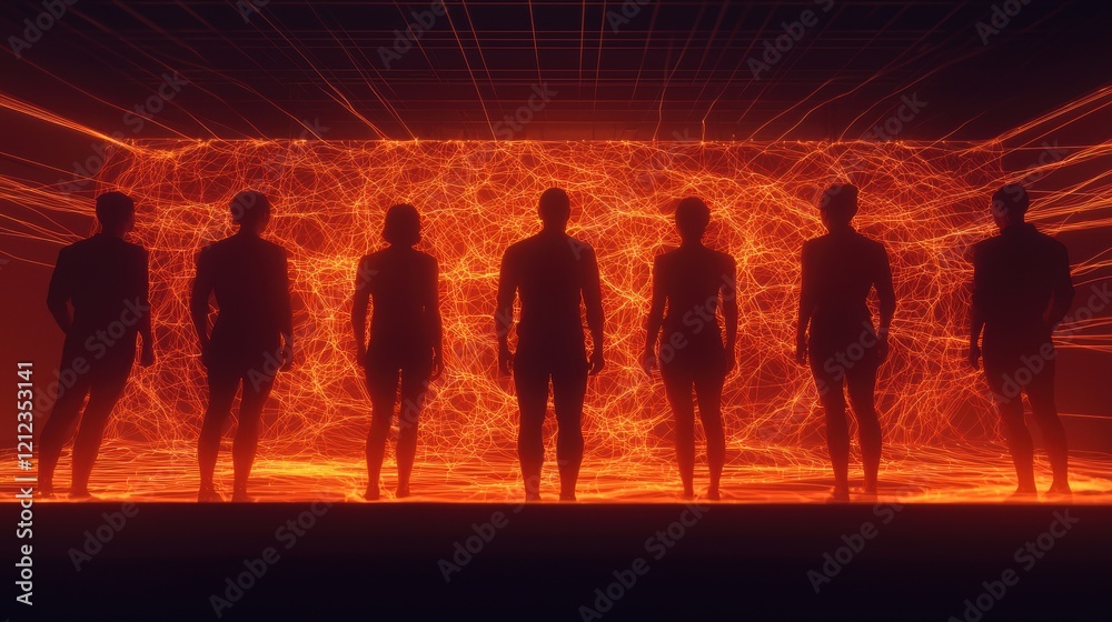 Fototapeta premium Silhouettes of people illuminated by fiery network