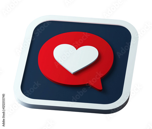 Love technology transparent image. Heart icon in speech bubble square button isolated cutout 3d render. Romantic communication. Dating app match cut out clipart design element png