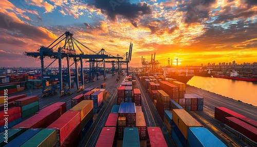 Vivid sunset sky over a shipping port with silhouetted cranes and colorful containers, bathed in the last rays of the sun photo