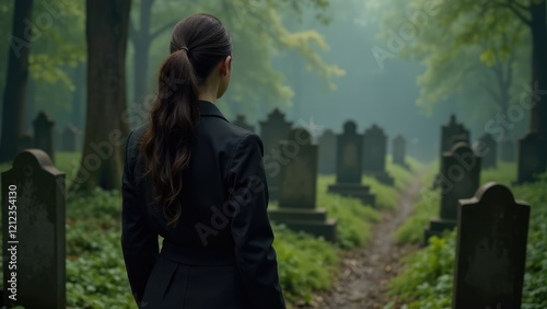 A person in dark clothing stands in a cemetery looking towards the graves. Concept of loss and remembrance.