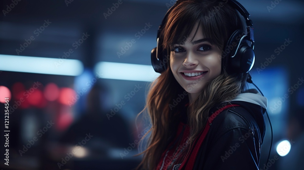 A photo of a girl with a headset offering personal care A photo of a girl with a headset offering personal care