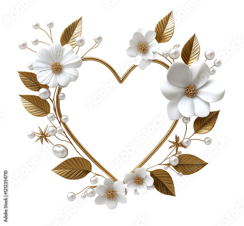 Golden floral heart frame with pearls image isolated transparent. Luxurious decorative. Romantic centerpiece cut out photo png. Love theme decoration cutout element object photography